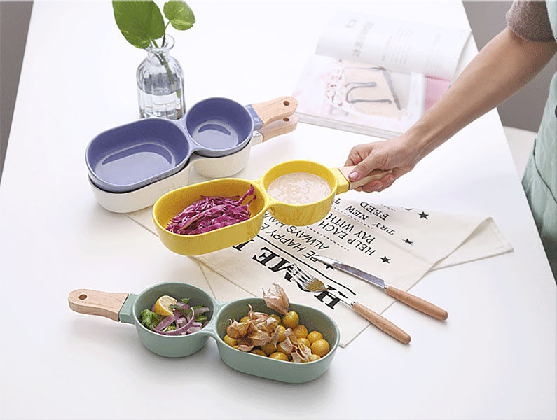 Khay 2 ngăn gốm sứ tay cầm gỗ đựng thức ăn OneName ON009