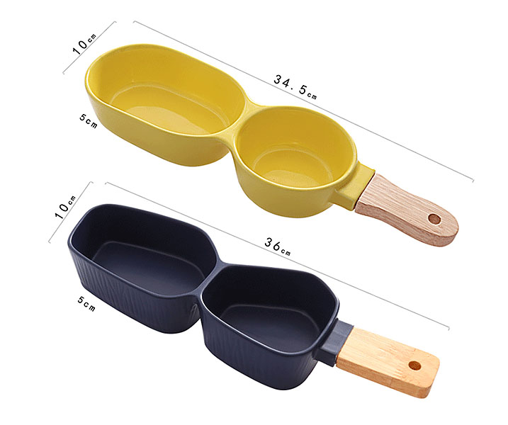 Khay 2 ngăn gốm sứ tay cầm gỗ đựng thức ăn OneName ON009