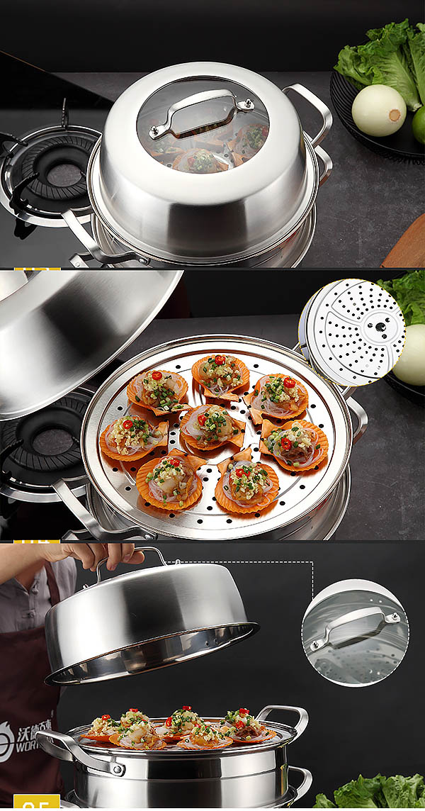 Xửng hấp thức ăn 2 tầng inox 304 Vandhome A070200, đáy từ.