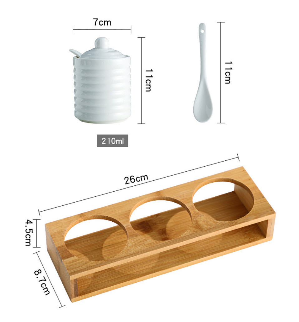 Bộ đựng gia vị 3 ngăn sứ trắng giá đỡ gỗ DGV01