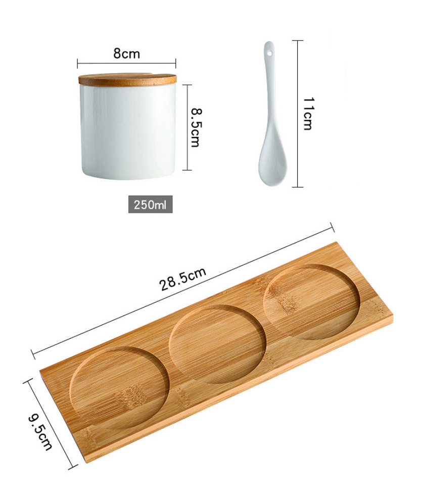 Bộ đựng gia vị 3 ngăn sứ trắng giá đỡ gỗ DGV01