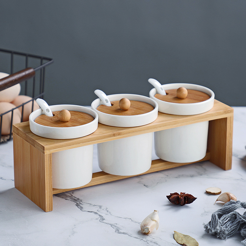 Bộ đựng gia vị 3 ngăn gốm sứ giá đỡ gỗ DGV02