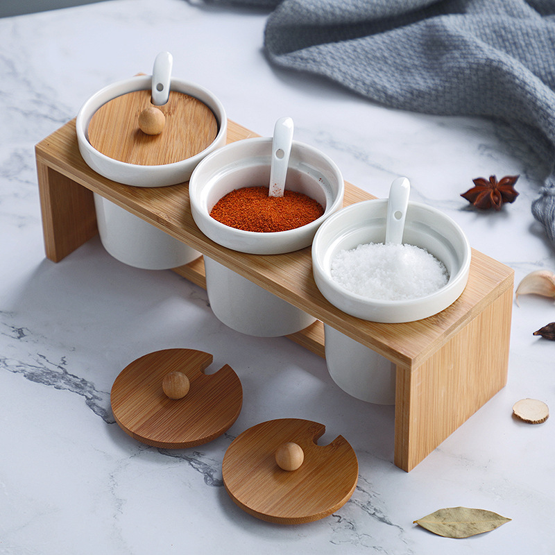 Bộ đựng gia vị 3 ngăn gốm sứ giá đỡ gỗ DGV02