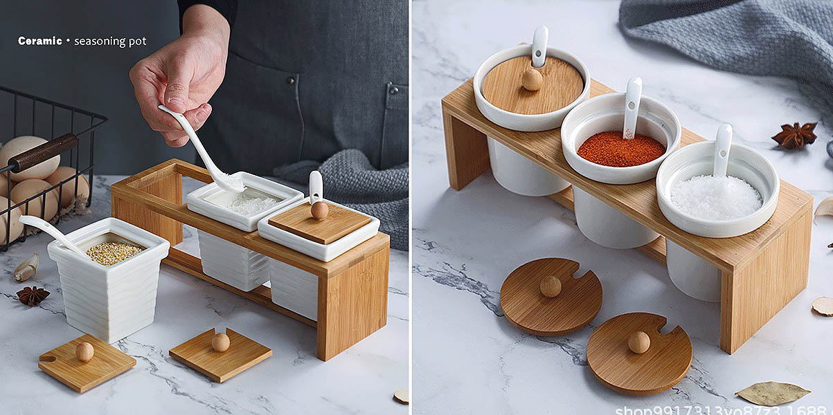 Bộ đựng gia vị 3 ngăn gốm sứ giá đỡ gỗ DGV02