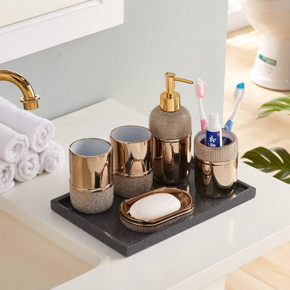Bộ đồ dùng nhà tắm 6 món resin đính đá Kingsley KSL003