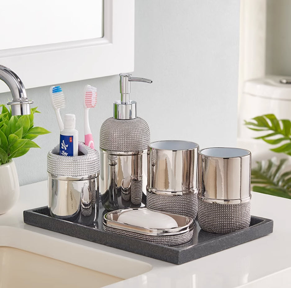 Bộ đồ dùng nhà tắm 6 món resin đính đá Kingsley KSL003