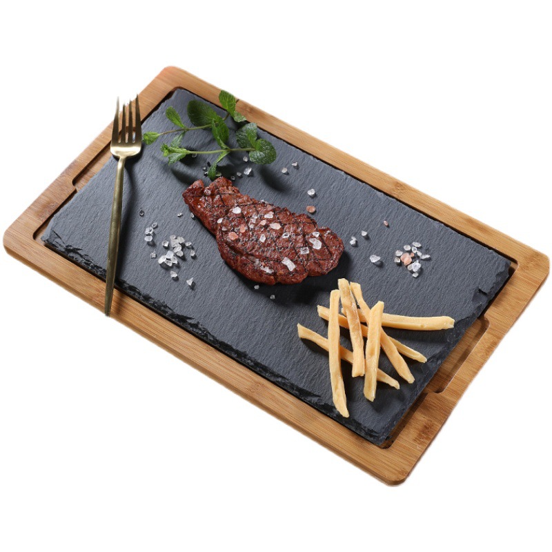Khay gỗ lót đá đựng đồ ăn, đựng bò nướng bbq, tôm nướng, xúc xích KYS003