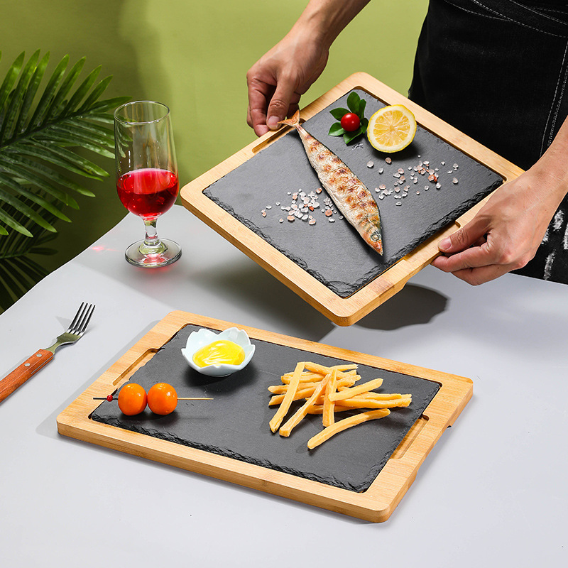 Khay gỗ lót đá đựng đồ ăn, đựng bò nướng bbq, tôm nướng, xúc xích KYS003