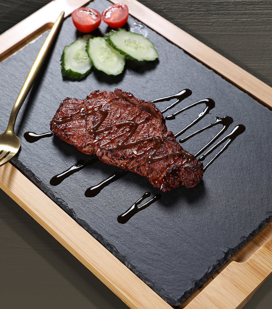 Khay gỗ lót đá đựng đồ ăn, đựng bò nướng bbq, tôm nướng, xúc xích KYS003