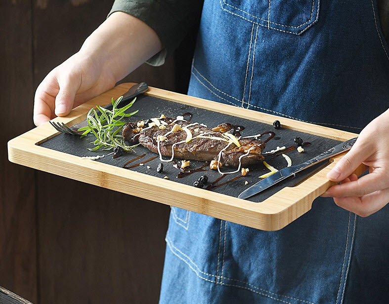 Khay gỗ lót đá đựng đồ ăn, đựng bò nướng bbq, tôm nướng, xúc xích KYS003