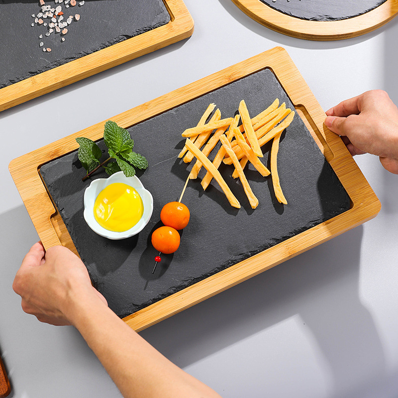 Khay gỗ lót đá đựng đồ ăn, đựng bò nướng bbq, tôm nướng, xúc xích KYS003