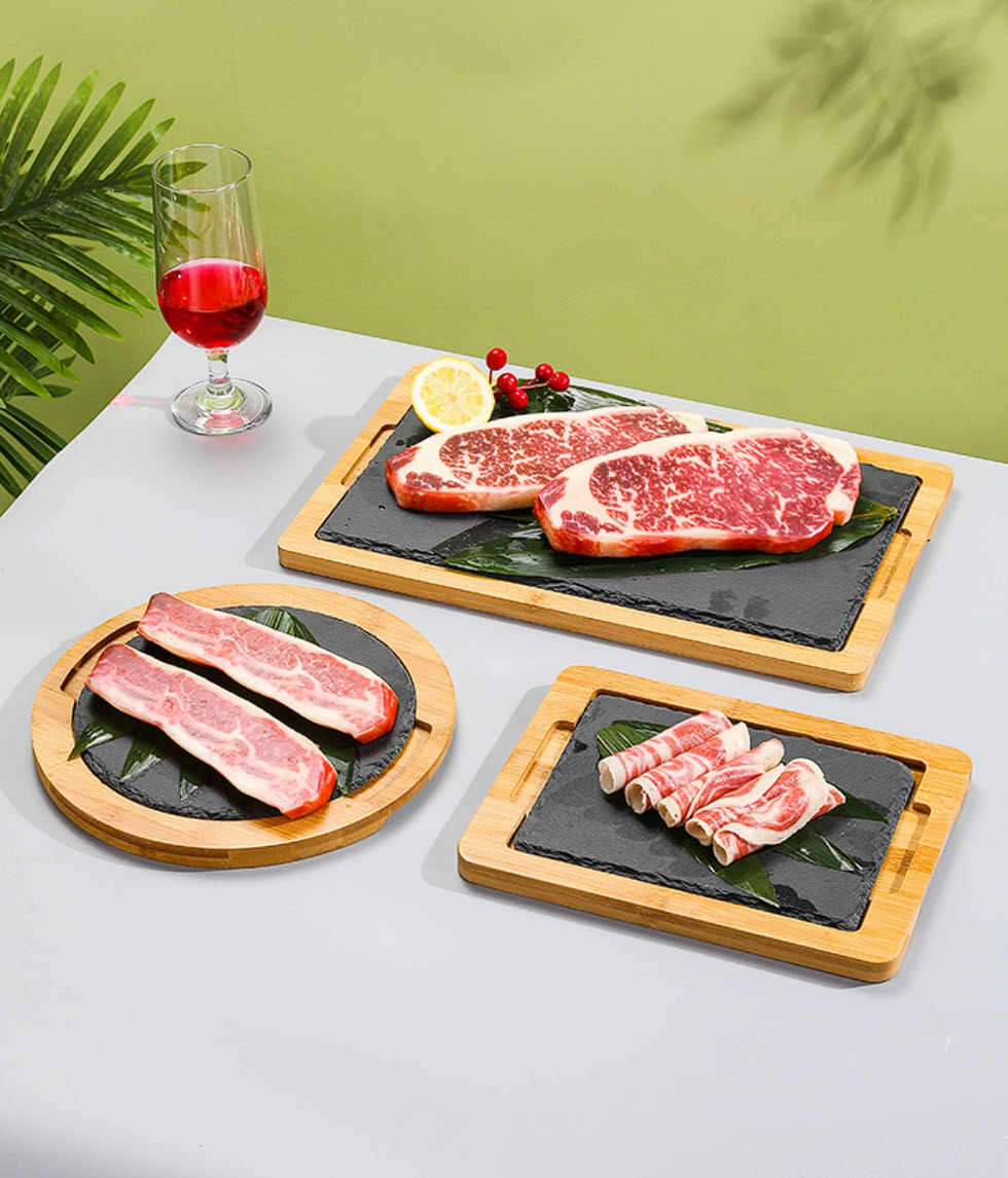 Khay gỗ lót đá đựng đồ ăn, đựng bò nướng bbq, tôm nướng, xúc xích KYS003