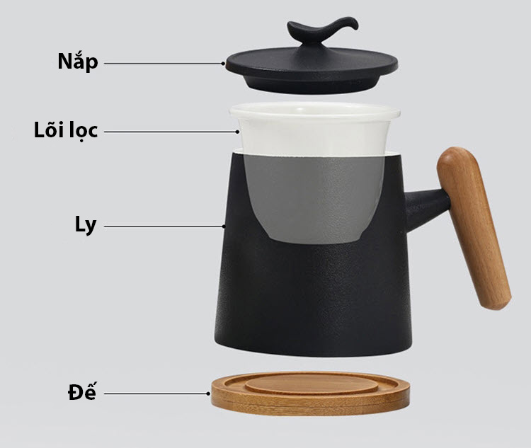 Ly pha trà có lõi lọc bằng gốm sứ có nắp tay cầm gỗ 400ml TV003