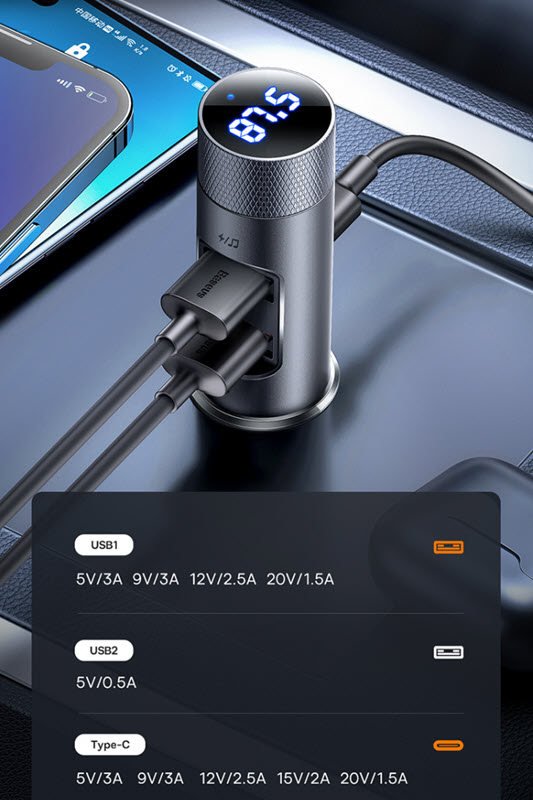 Tẩu sạc nhanh điện thoại cho xe hơi Baseus BSS025 cổng USB-A và USB-C