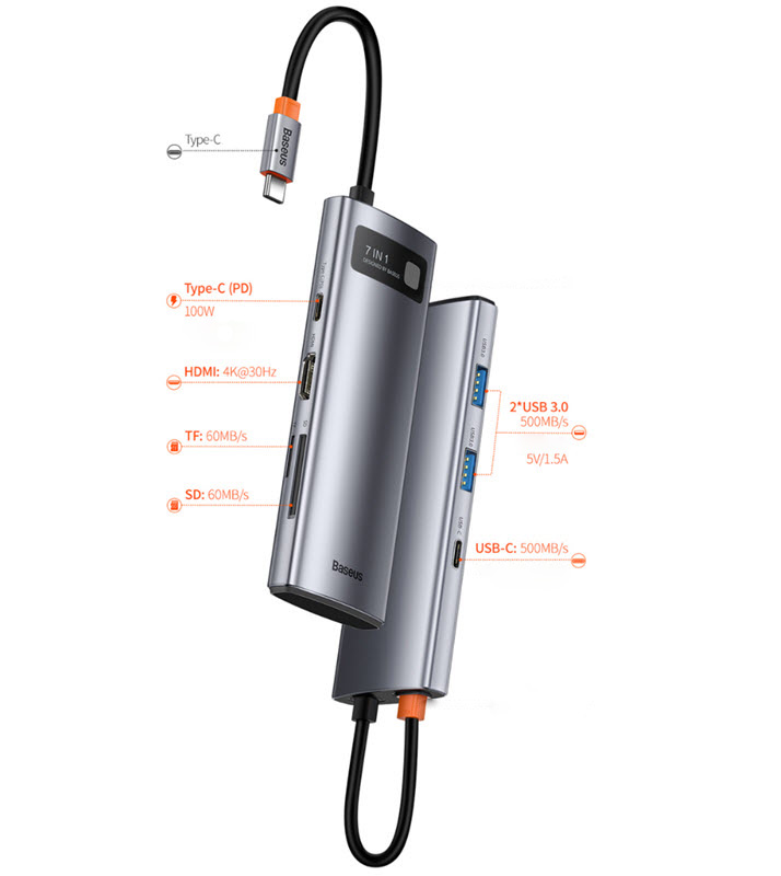 Hub bộ chia hỗ trợ sạc laptop type-C Baseus BSS035 cổng HDMI USB3.0 Type-C SD/TF card