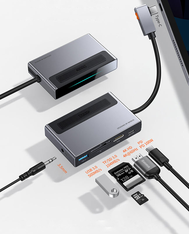 Hub bộ chia type-C Baseus BSS044 hỗ trợ HDMI/audio3.5/USB3.0/SD/TFcard sạc type-C 100W
