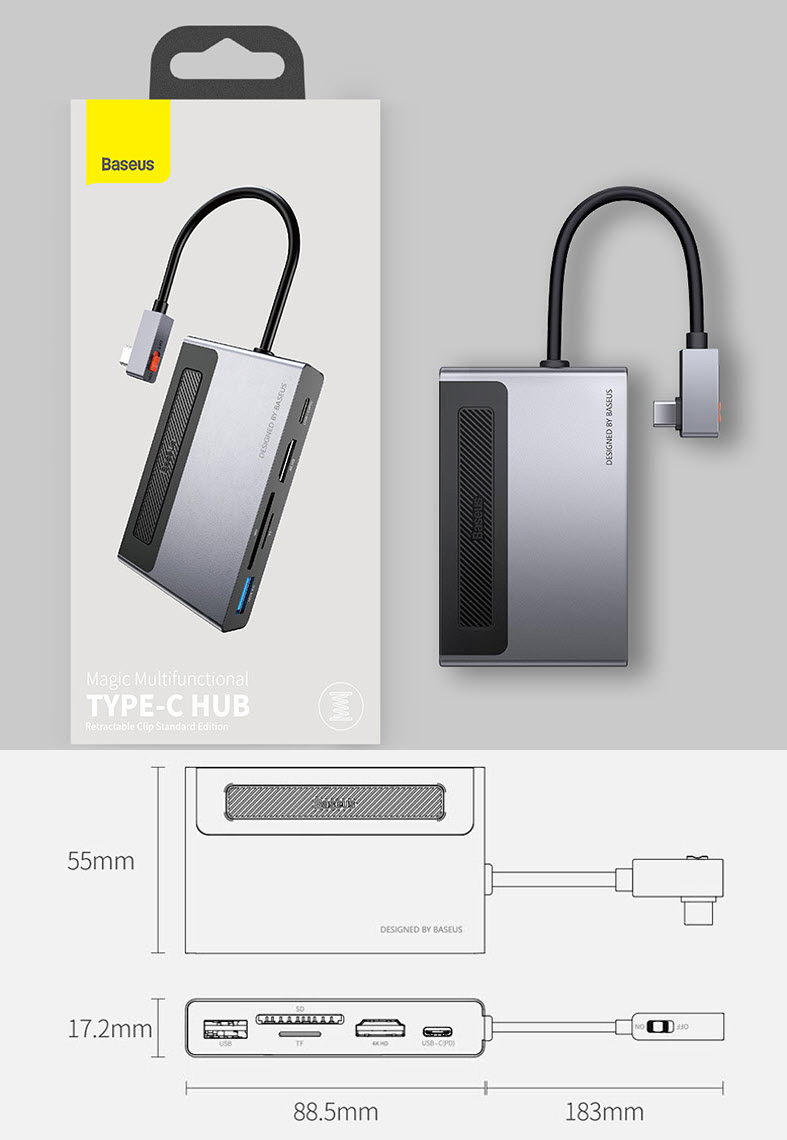 Hub bộ chia type-C Baseus BSS044 hỗ trợ HDMI/audio3.5/USB3.0/SD/TFcard sạc type-C 100W