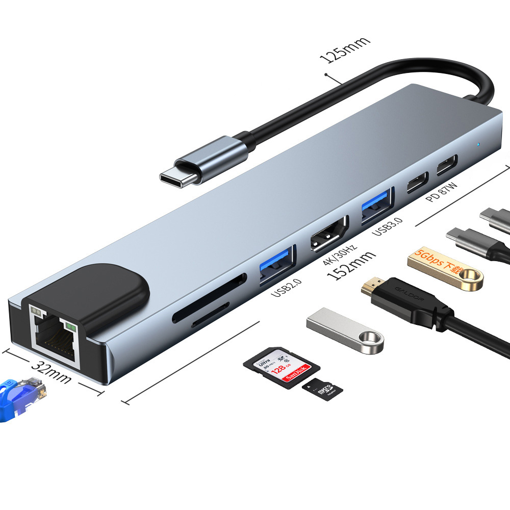 Hub chuyển đổi 8 in 1 USB-C to HDMI/USB/SD/TF/PD/LAN OEM 2017L