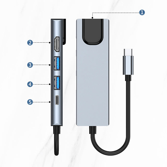 Hub chuyển đổi 5 in 1 USB-C to LAN/HDMI/USB/PD OEM 2007T