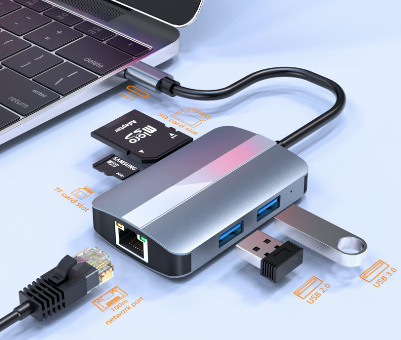 Hub chuyển đổi 5 in 1 USB-C to LAN/USB/SD/TF OEM 2112T