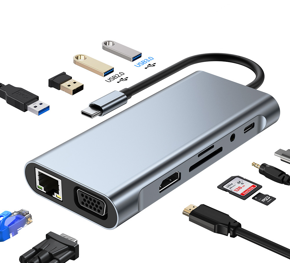 Hub chuyển đổi 11 in 1 USB-C to LAN/VGA/HDMI/USB/SD/TF/PD OEM 2110T