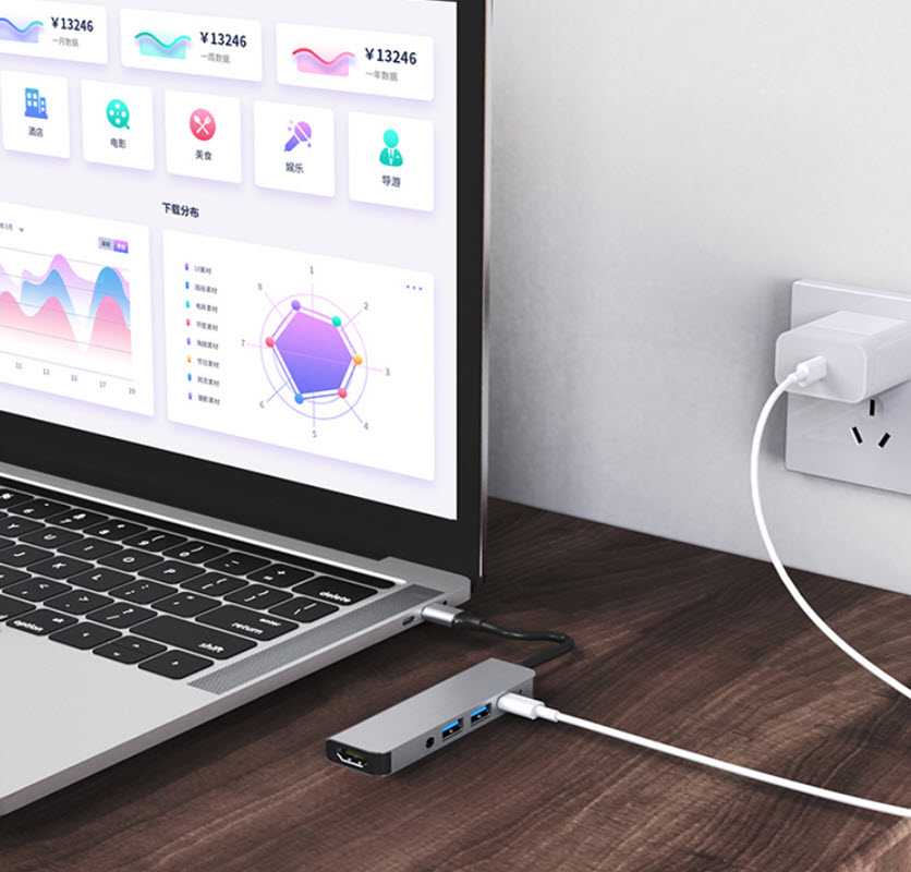 Hub chuyển đổi 5 in 1 USB-C to HDMI/AUX/USB/PD OEM 2009T
