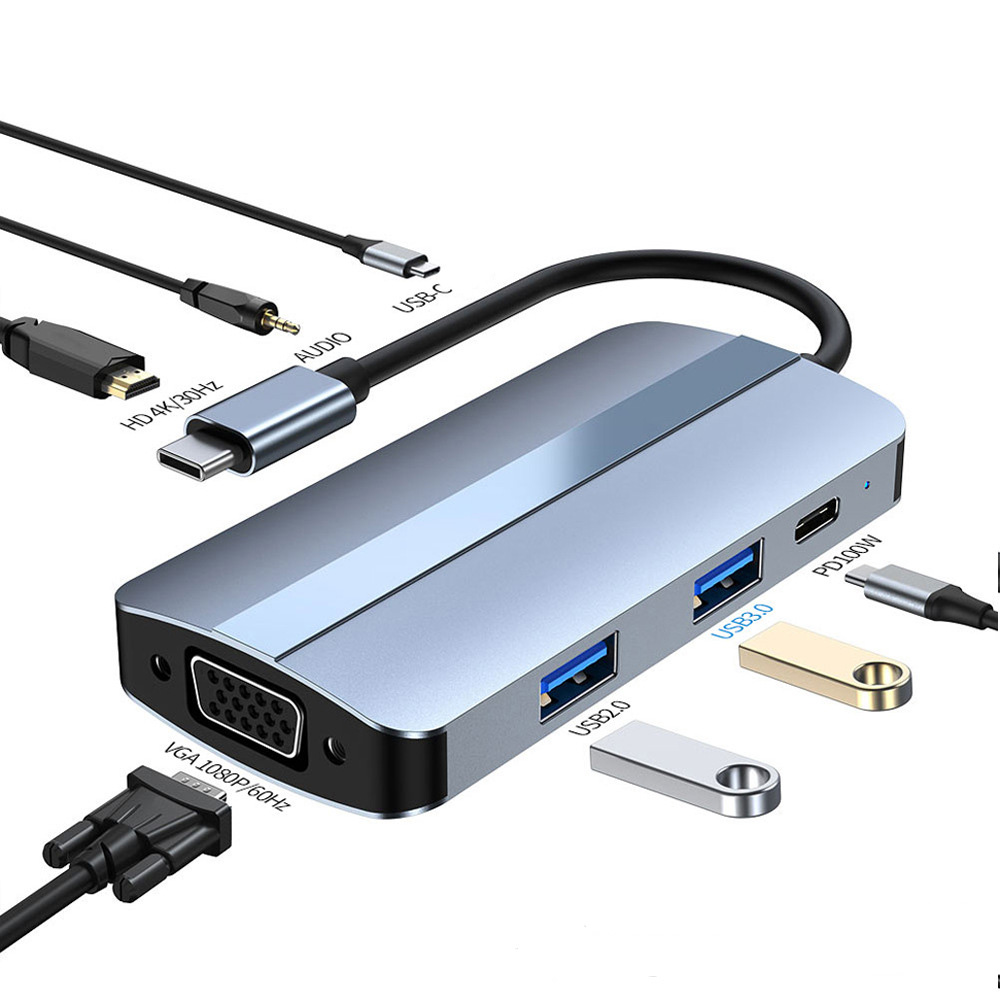 Hub chuyển đổi 7 in 1 USB-C to HDMI/VGA/USB/Type-C/AUX/PD OEM 2106T