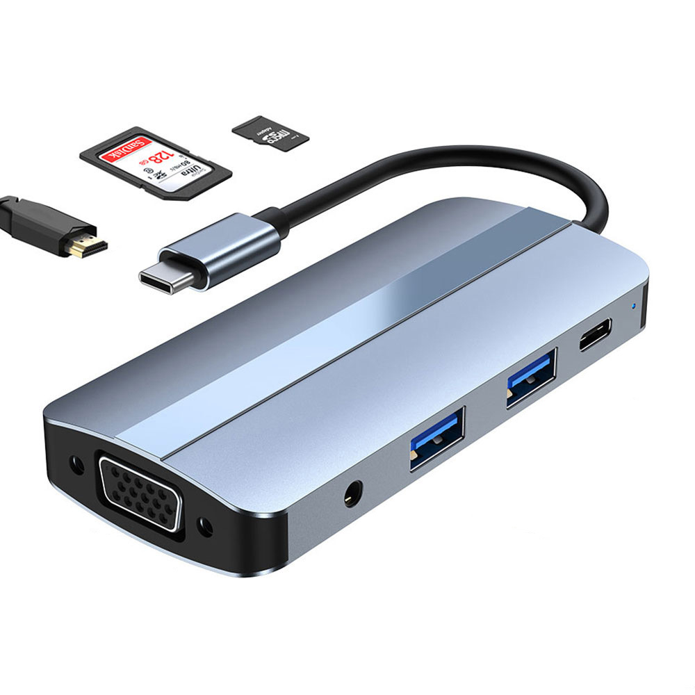 Hub chuyển đổi 8 in 1 USB-C to HDMI/VGA/USB/AUX/SD/TF/PD OEM 2105T