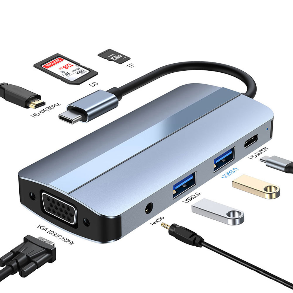 Hub chuyển đổi 8 in 1 USB-C to HDMI/VGA/USB/AUX/SD/TF/PD OEM 2105T