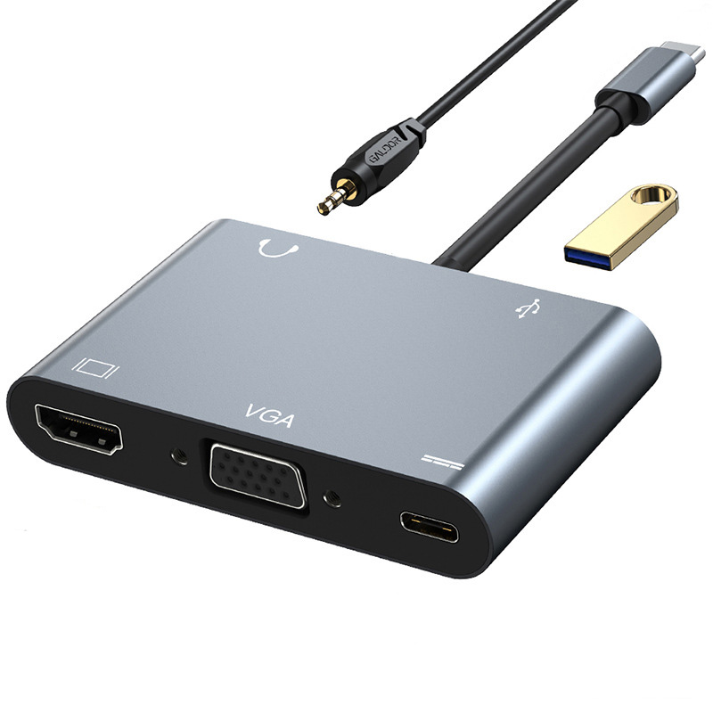 Hub chuyển đổi 5 in 1 USB-C to HDMI/VGA/USB/AUX/Type-C OEM 2002T