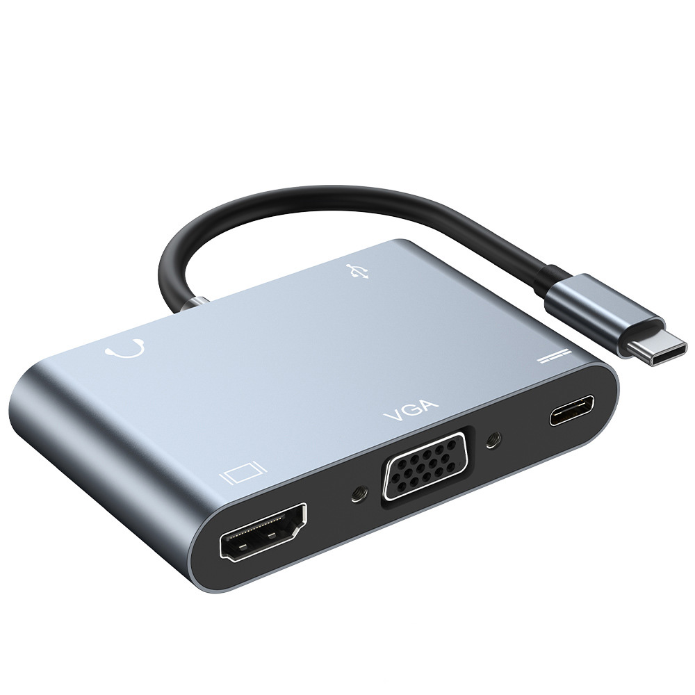 Hub chuyển đổi 5 in 1 USB-C to HDMI/VGA/USB/AUX/Type-C OEM 2002T