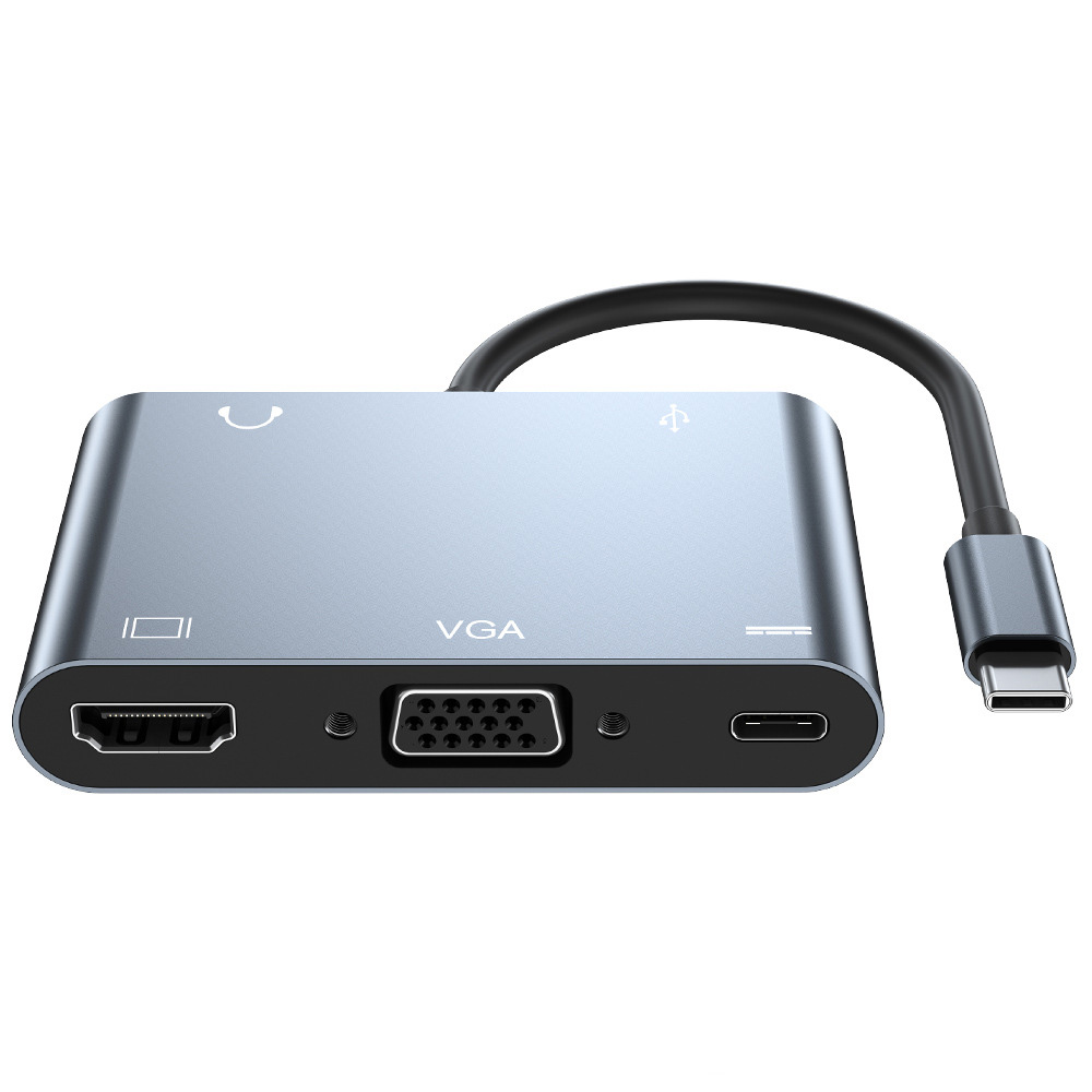 Hub chuyển đổi 5 in 1 USB-C to HDMI/VGA/USB/AUX/Type-C OEM 2002T