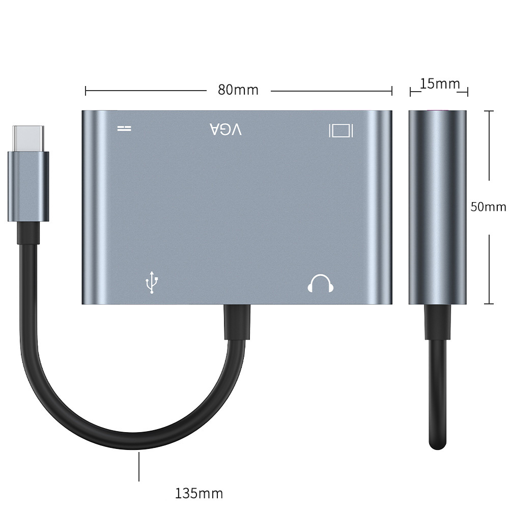 Hub chuyển đổi 5 in 1 USB-C to HDMI/VGA/USB/AUX/Type-C OEM 2002T