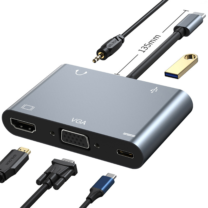 Hub chuyển đổi 5 in 1 USB-C to HDMI/VGA/USB/AUX/Type-C OEM 2002T