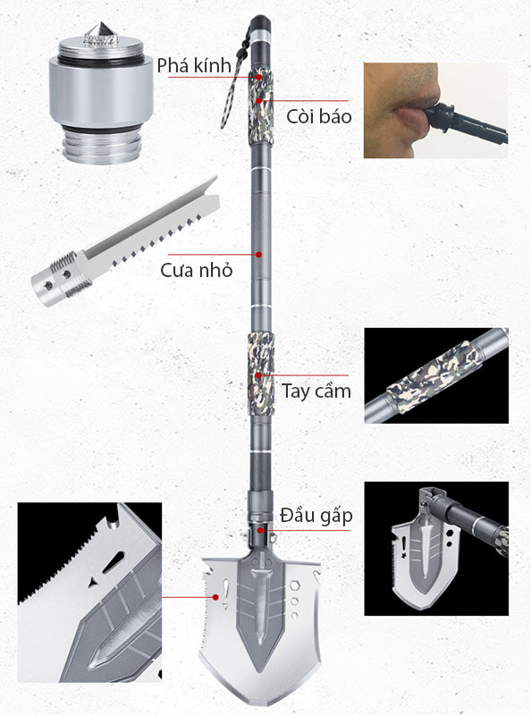 Xẻng đa năng cho cắm trại dã ngoại làm vườn Contoose CTS56 thép mangan hợp kim nhôm