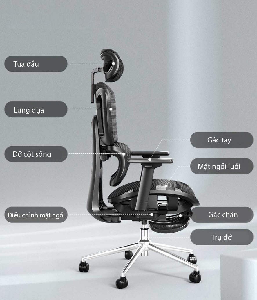 Ghế văn phòng ghế công thái học Lectra JTT03 ngả lưng 145 độ có gác chân