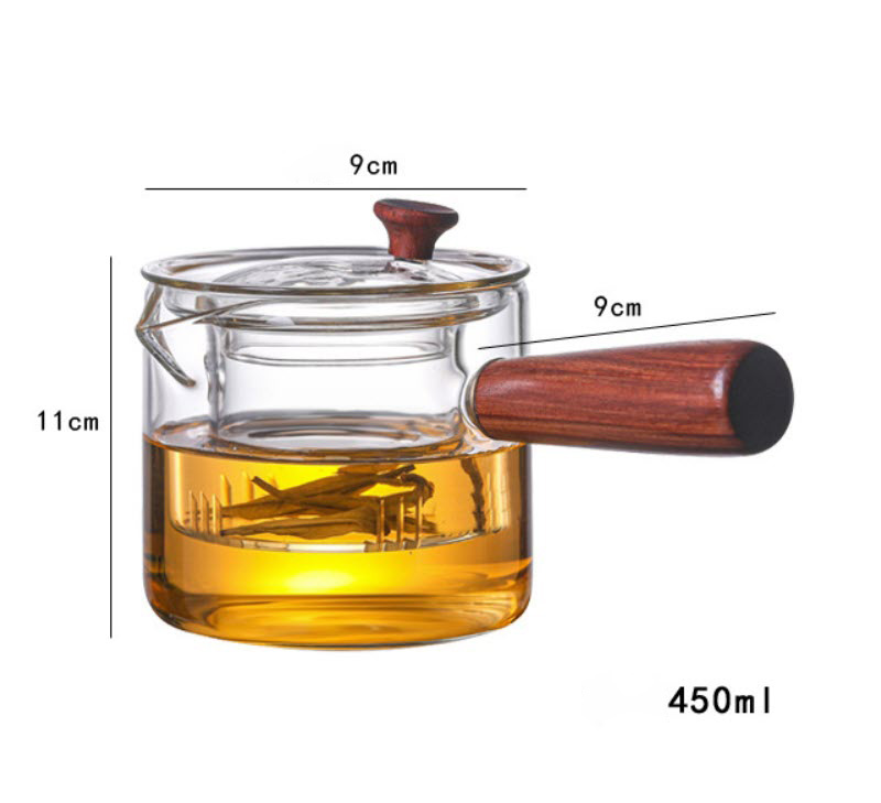 Ấm pha trà thủy tinh 450ml tay cầm gỗ OEM GX003
