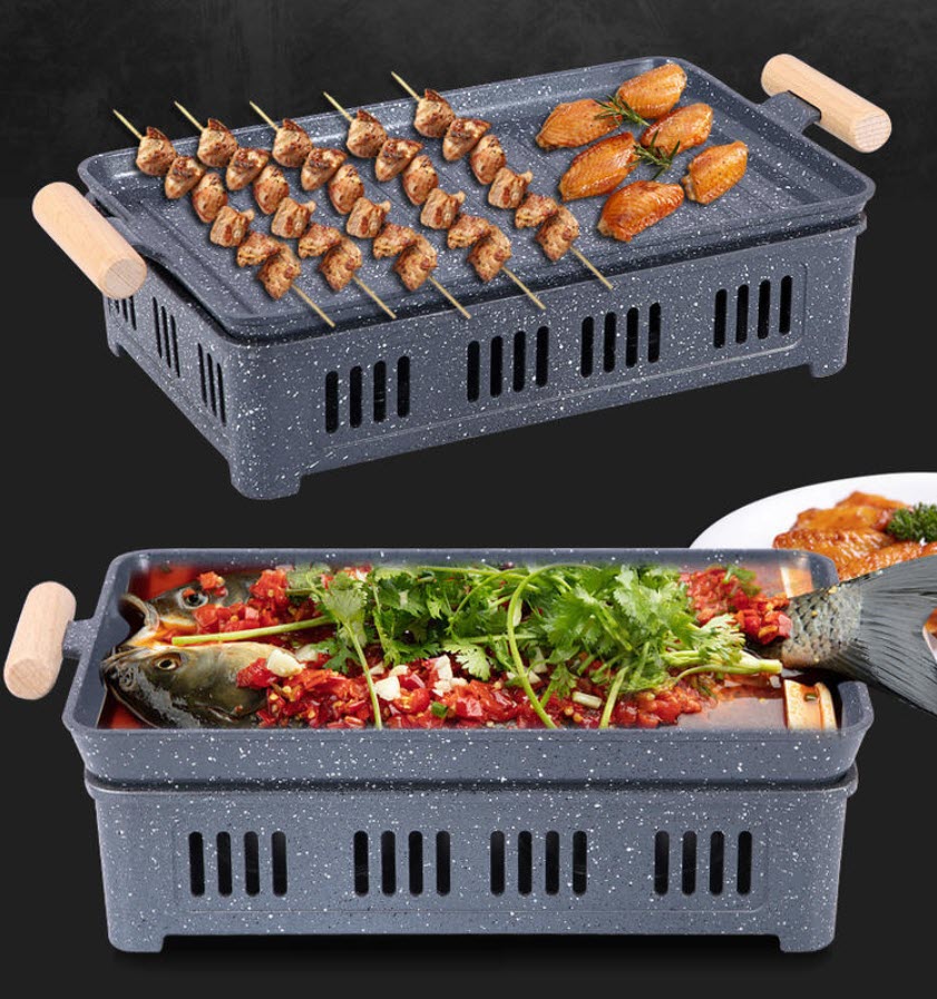 Khay nướng thịt kèm bếp cồn hâm nóng cá, hải sản, các món ăn buffet SS861
