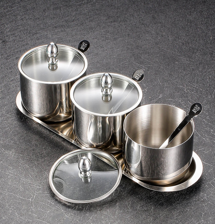 Bộ đựng gia vị 3 ngăn kèm khay inox 304 OEM JMC6589