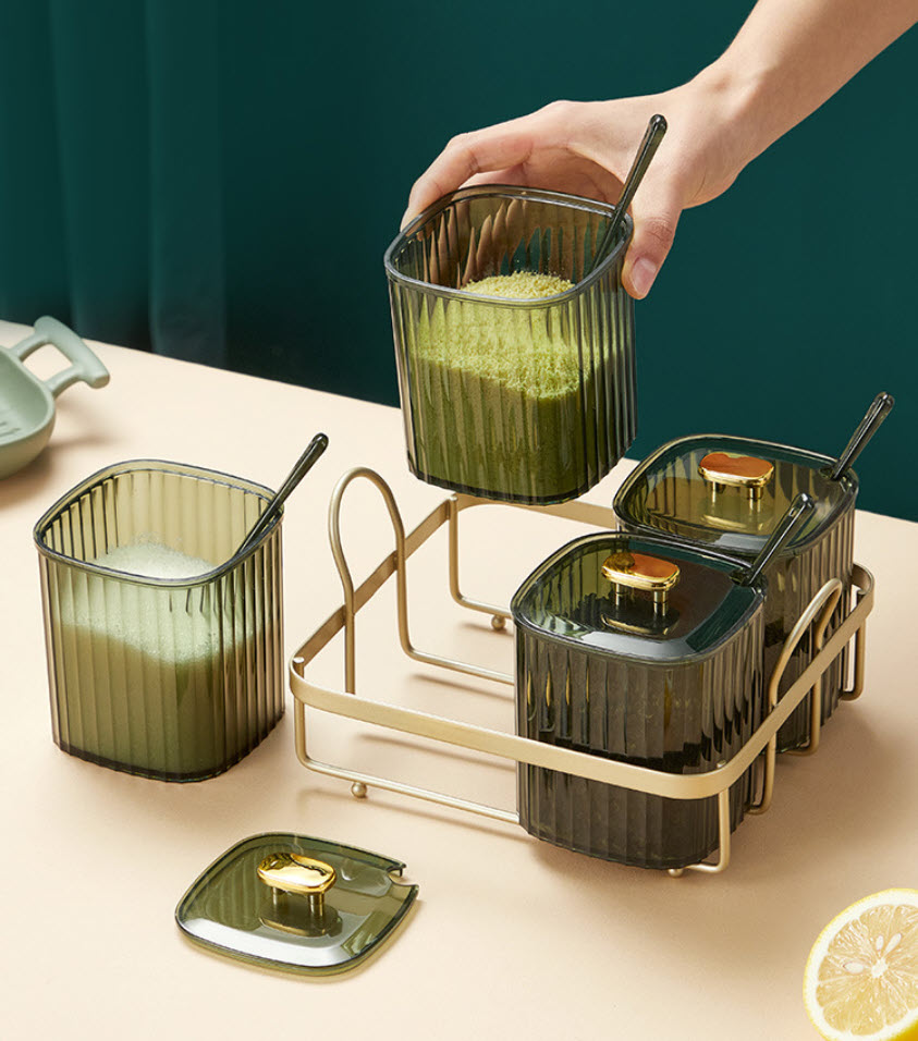 Bộ gia vị 4 ngăn acrylic khung thép mạ vàng Juetsu J212089