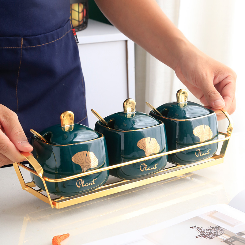 Bộ đựng gia vị 3 ngăn phủ men khay thép mạ vàng OEM GY005