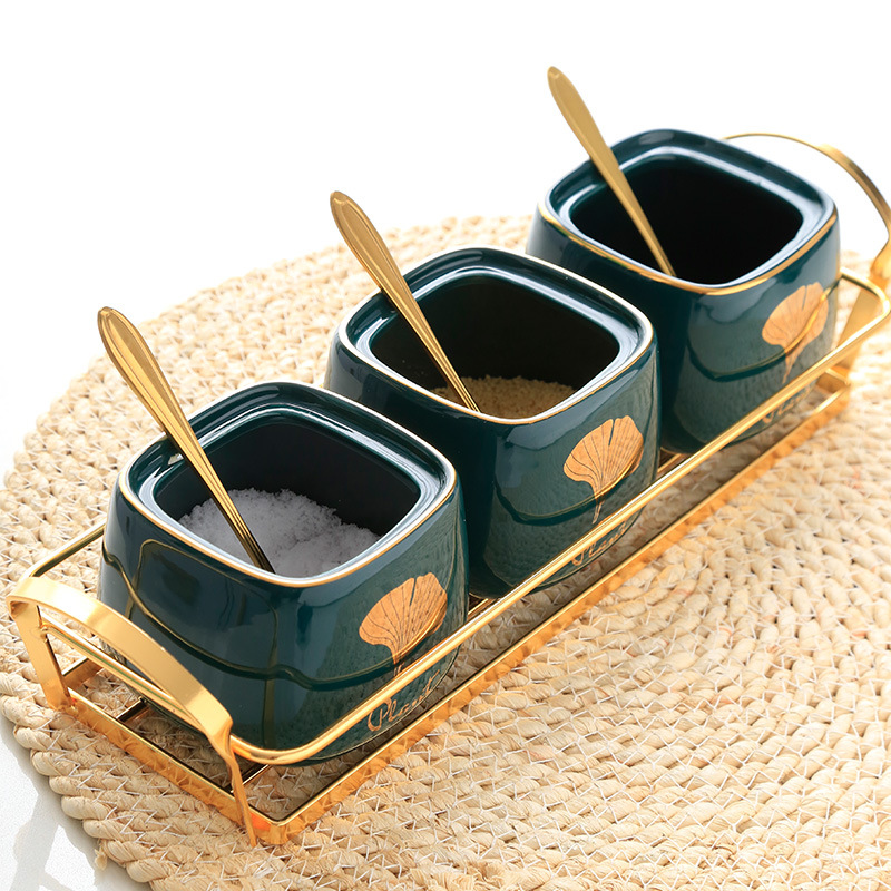 Bộ đựng gia vị 3 ngăn phủ men khay thép mạ vàng OEM GY005