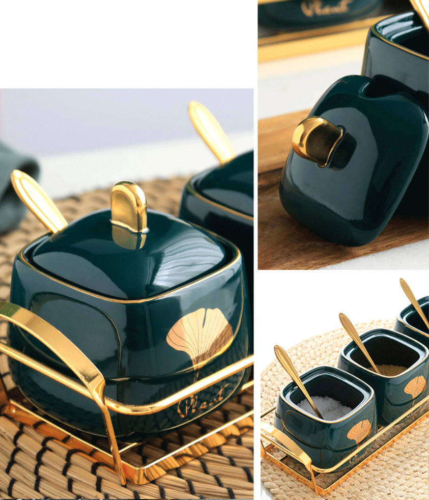 Bộ đựng gia vị 3 ngăn phủ men khay thép mạ vàng OEM GY005