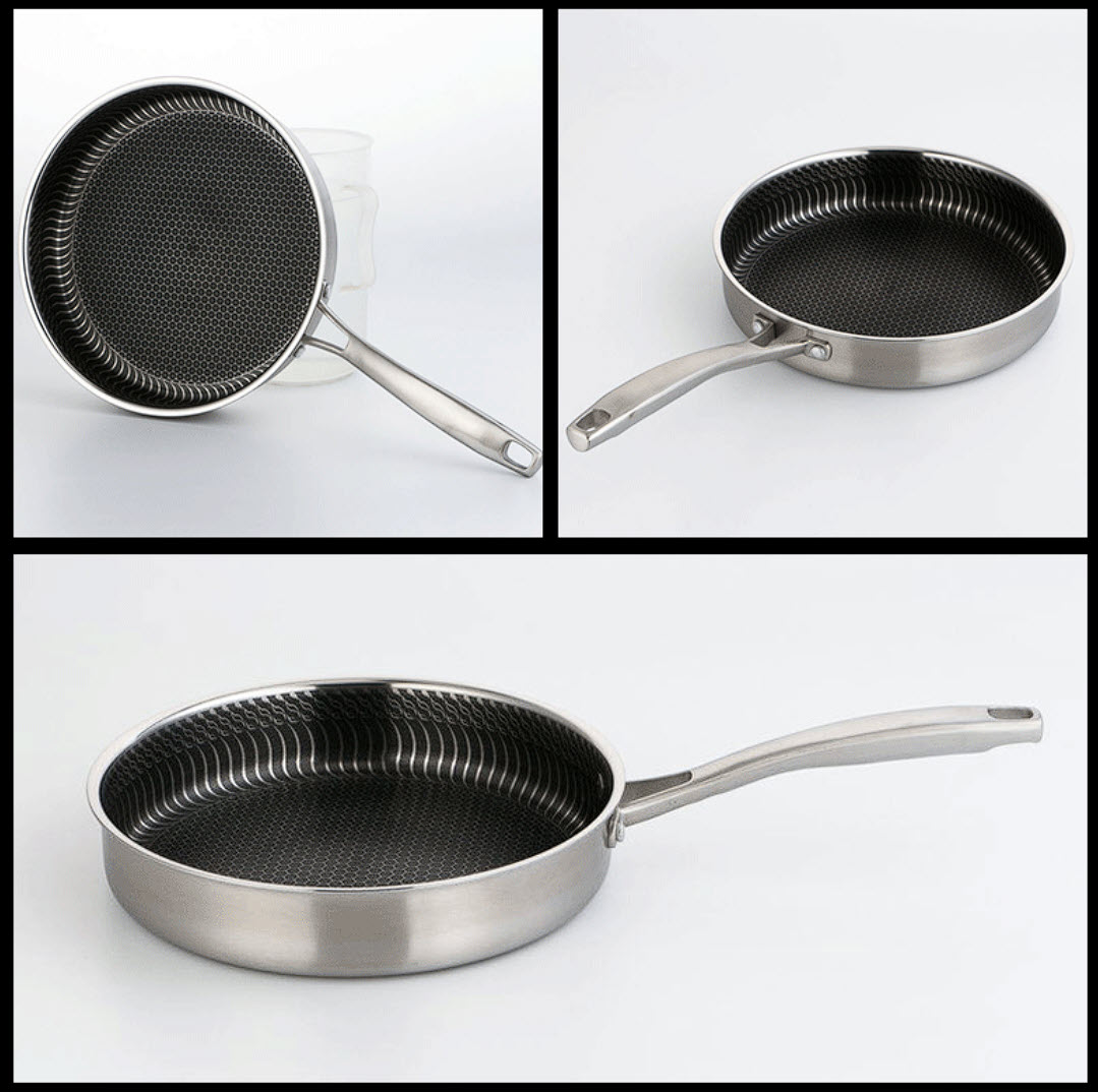 Chảo inox 304 đáy bằng 26-28cm chống dính tổ ong 5 lớp OEM CI002
