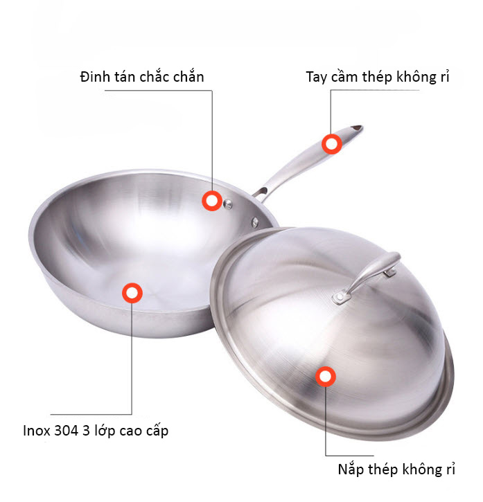 Chảo bầu inox 304 size 32cm thiết kế 3 lớp OEM YT32304