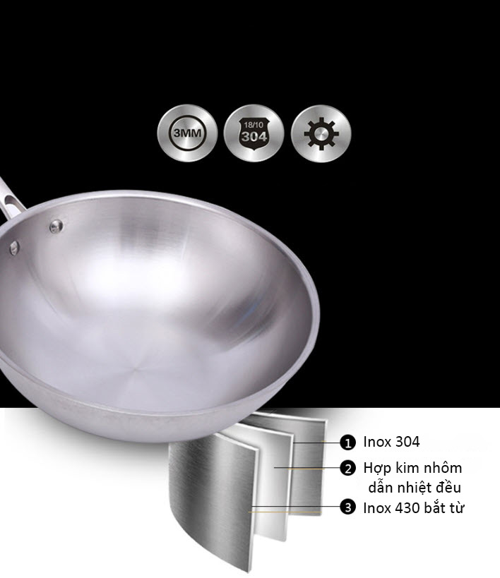 Chảo bầu inox 304 size 32cm thiết kế 3 lớp OEM YT32304