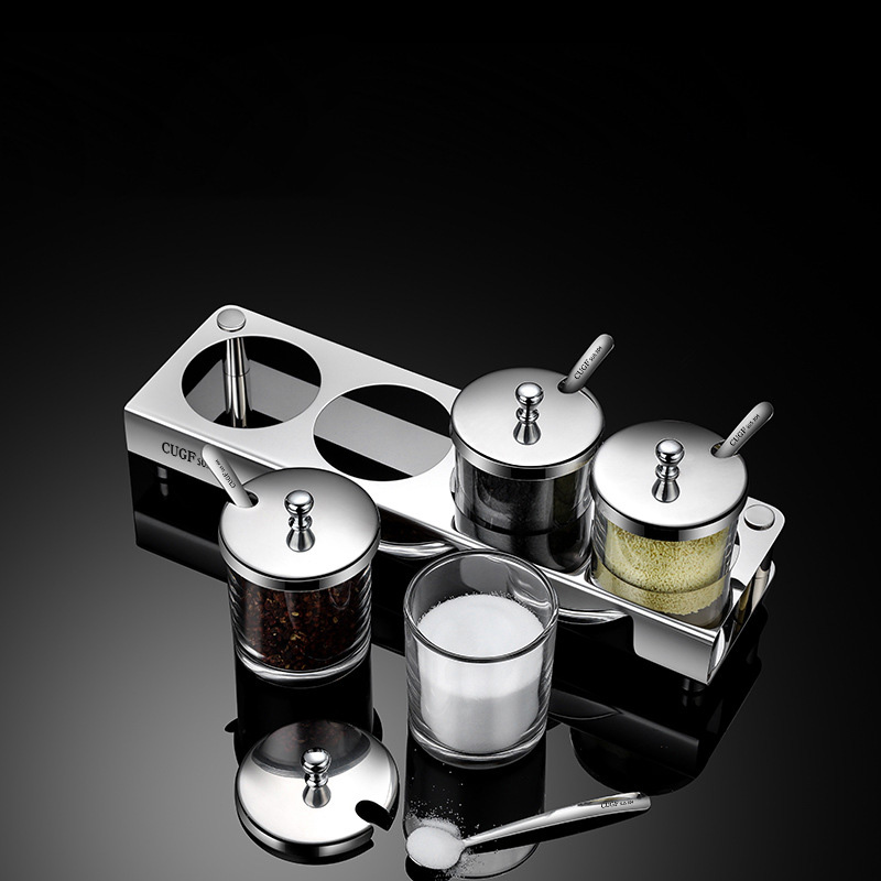 Bộ đựng gia vị 4 ngăn inox 304 hũ thủy tinh CUGF KQ001
