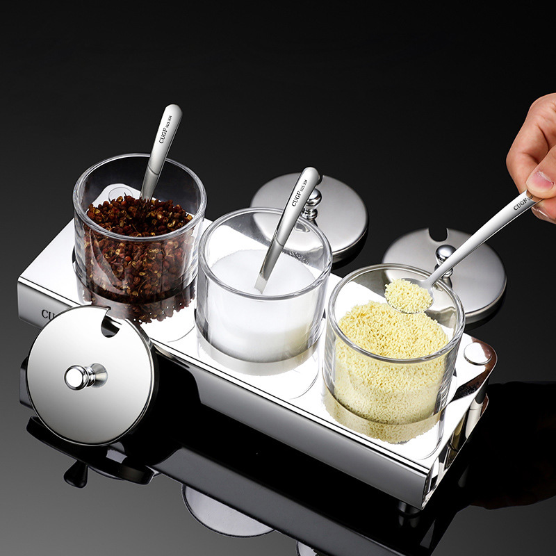 Bộ đựng gia vị 4 ngăn inox 304 hũ thủy tinh CUGF KQ001