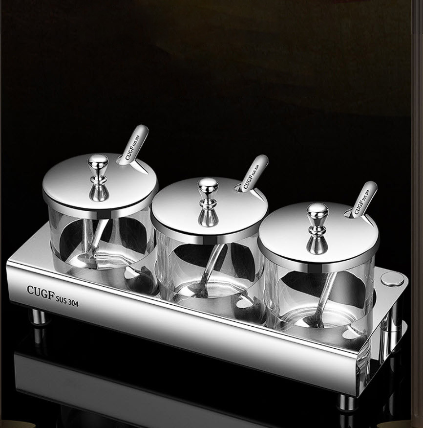 Bộ đựng gia vị 4 ngăn inox 304 hũ thủy tinh CUGF KQ001