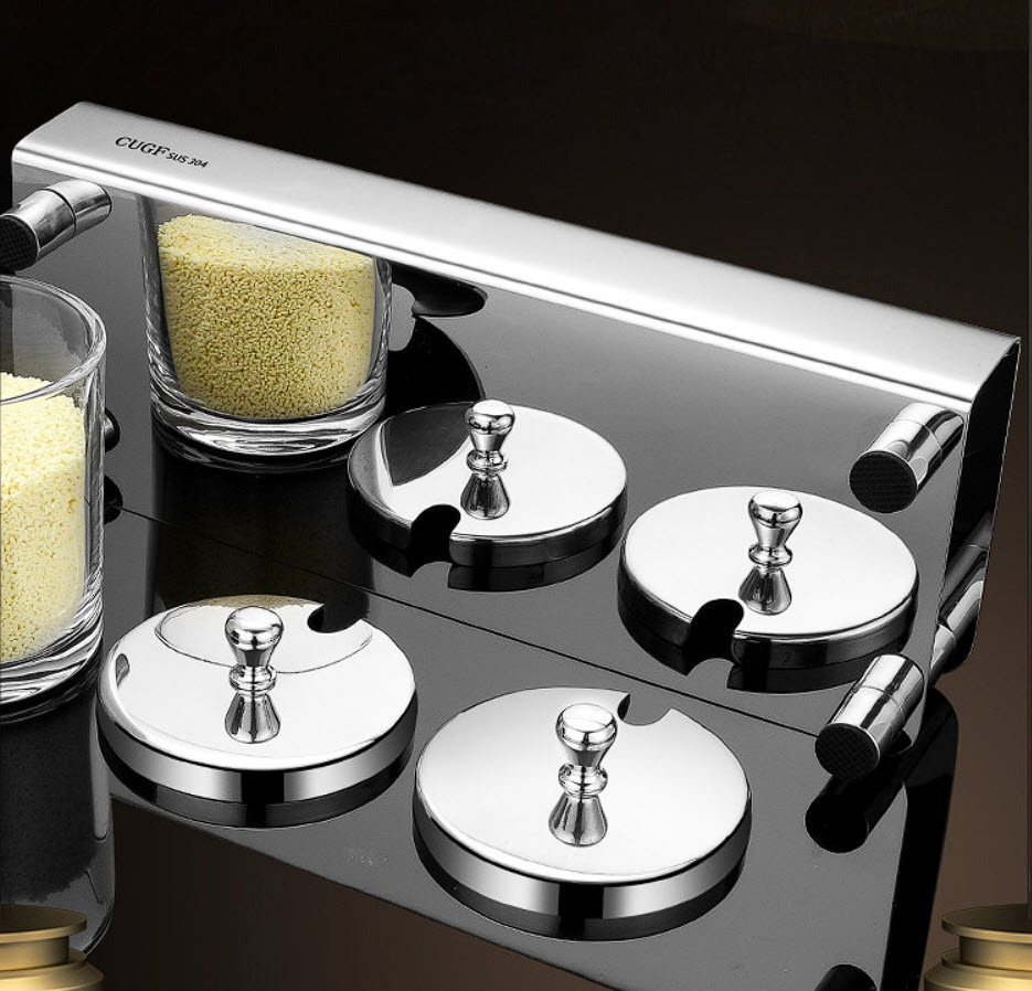 Bộ đựng gia vị 4 ngăn inox 304 hũ thủy tinh CUGF KQ001